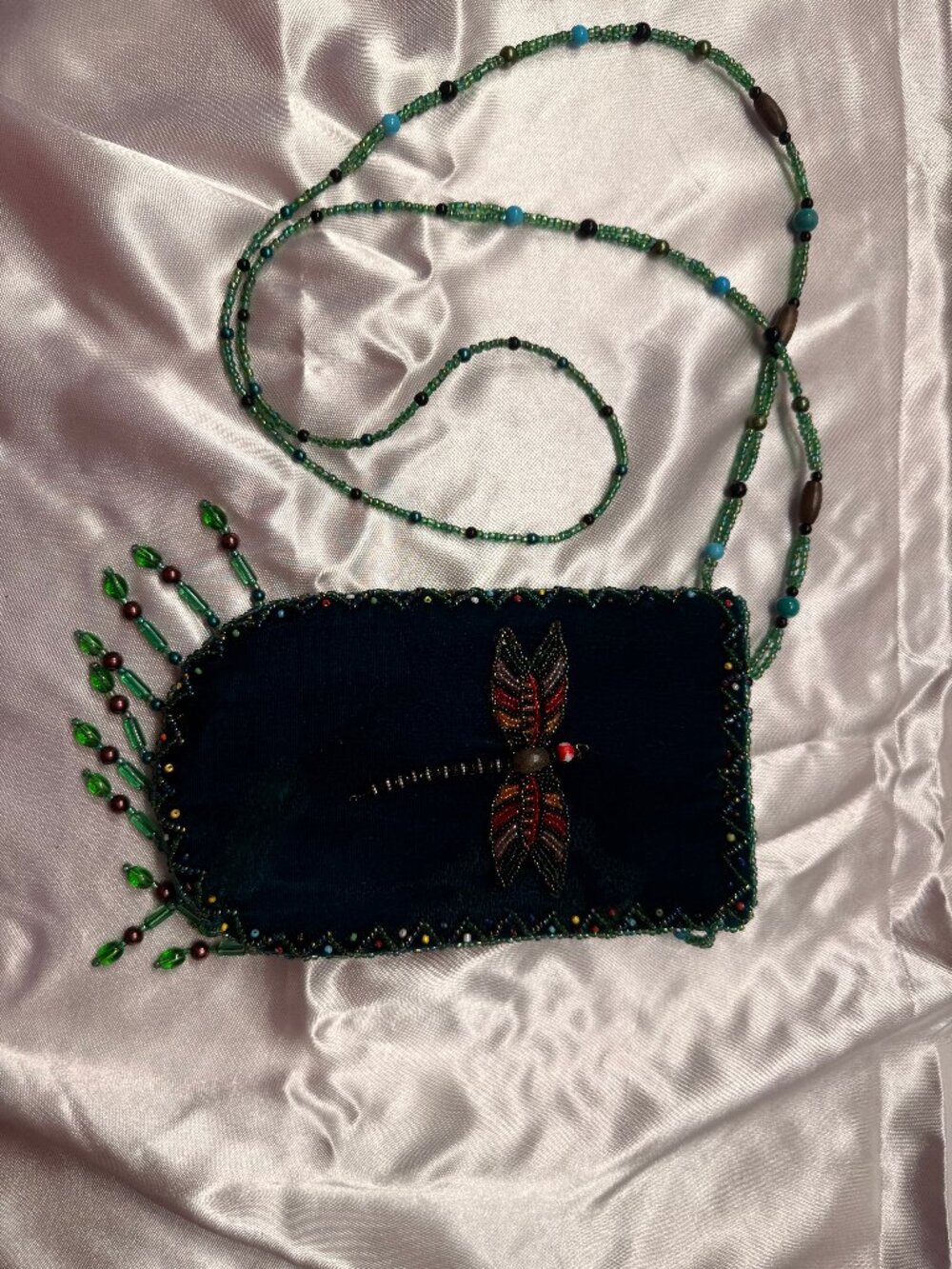 Beaded Velvet Dragonfly Phone Bag Teal Green Crossbody Purse